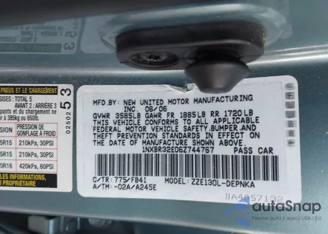 2006 Toyota Corolla Le из США, поврежденный, VIN 1NXBR32E06Z744767